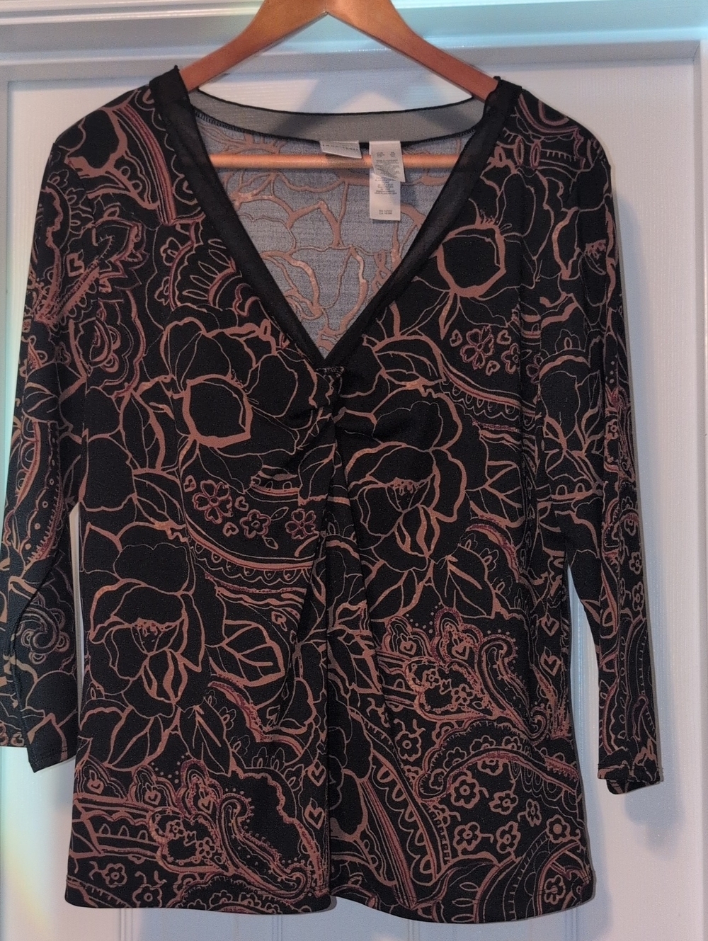 Emma James Black Long Sleeve V-Neck Top with Dusty Rose Floral Print